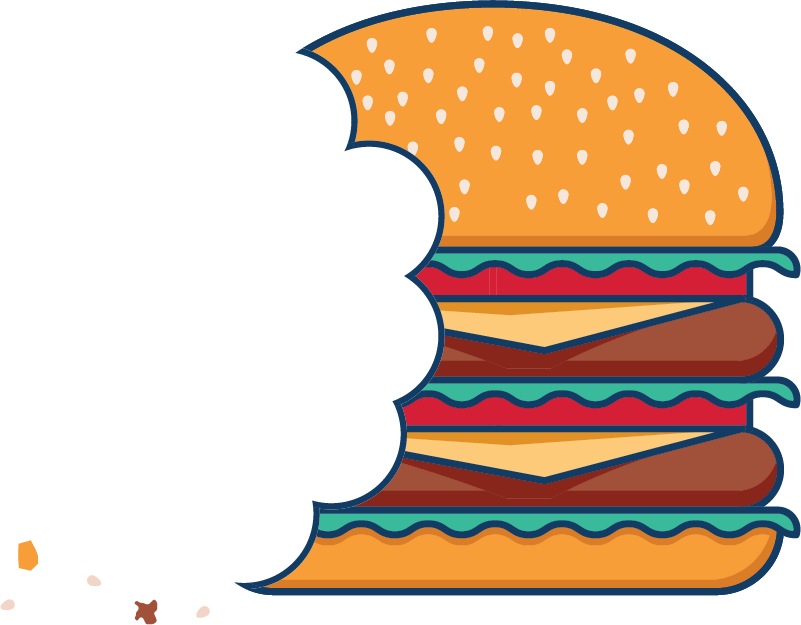 A cartoon burger with a big bite taken out of it.