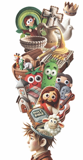 An collage of images from pop Christian culture of the influences on a Christian kid's mind in a felt style