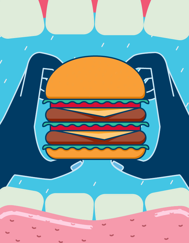 Illustration of somebody about to bite into a hamburger. The perspective is from inside the mouth looking at the burger.