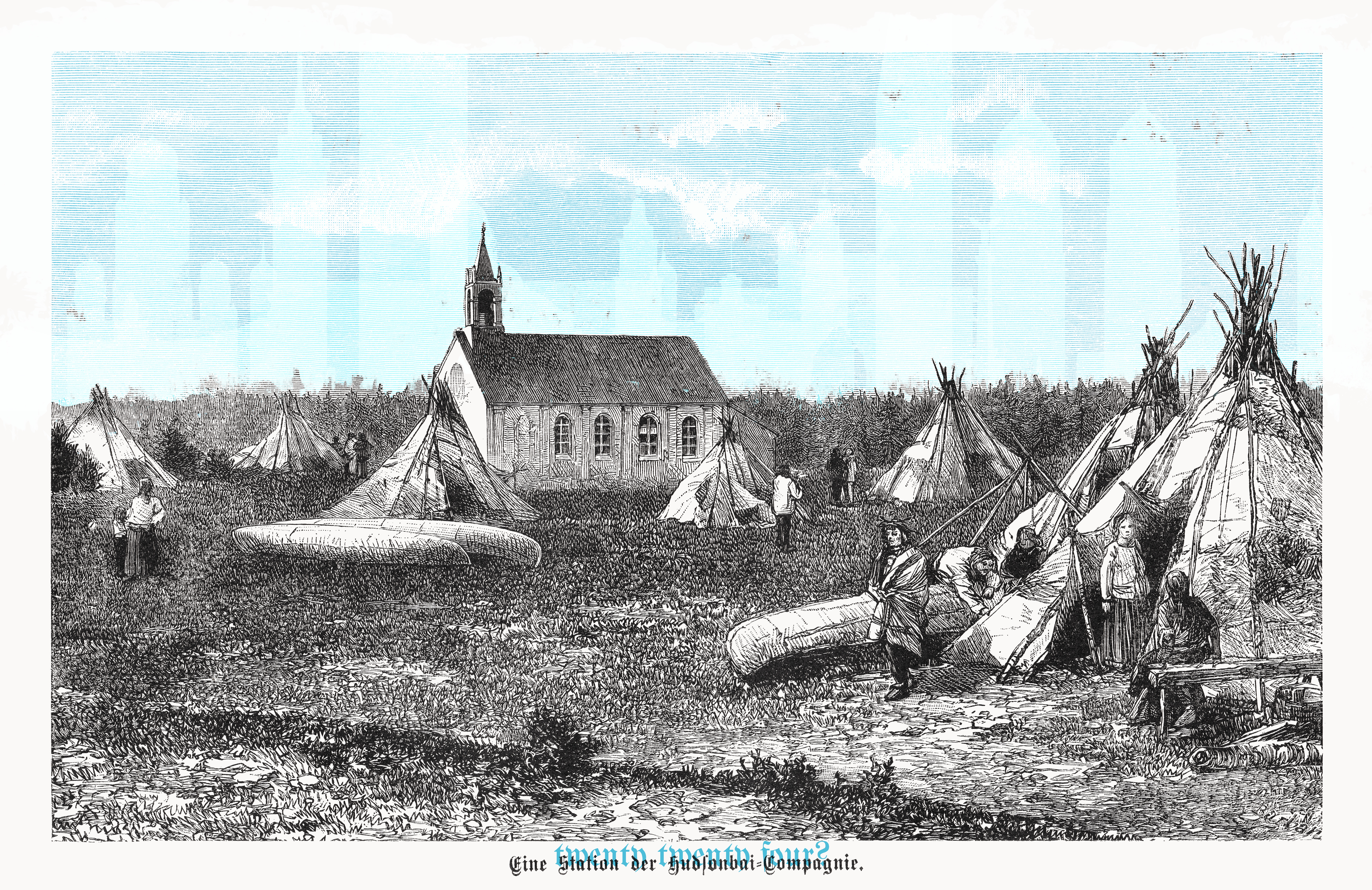 Historical view of a station of the Hudson's Bay Company. Wood engraving, published in 1899.